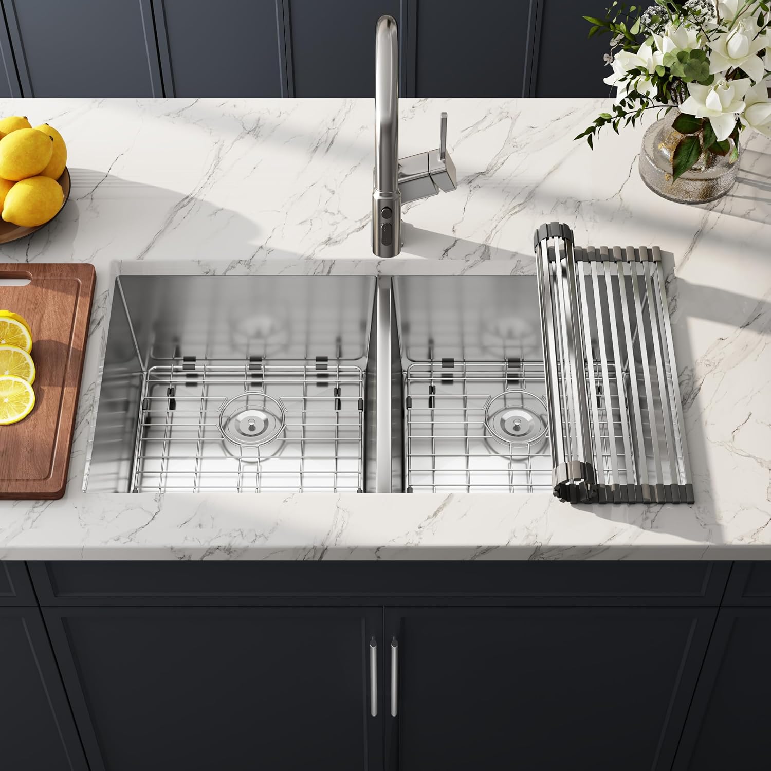 32 Inch Undermount Handmade Double Bowl Kitchen Sink, 16 Gauge 304 Stainless Steel 50/50 Large Capacity Deep Kitchen Sinks, Accessories Combo Included, 32' x 19' x 10'