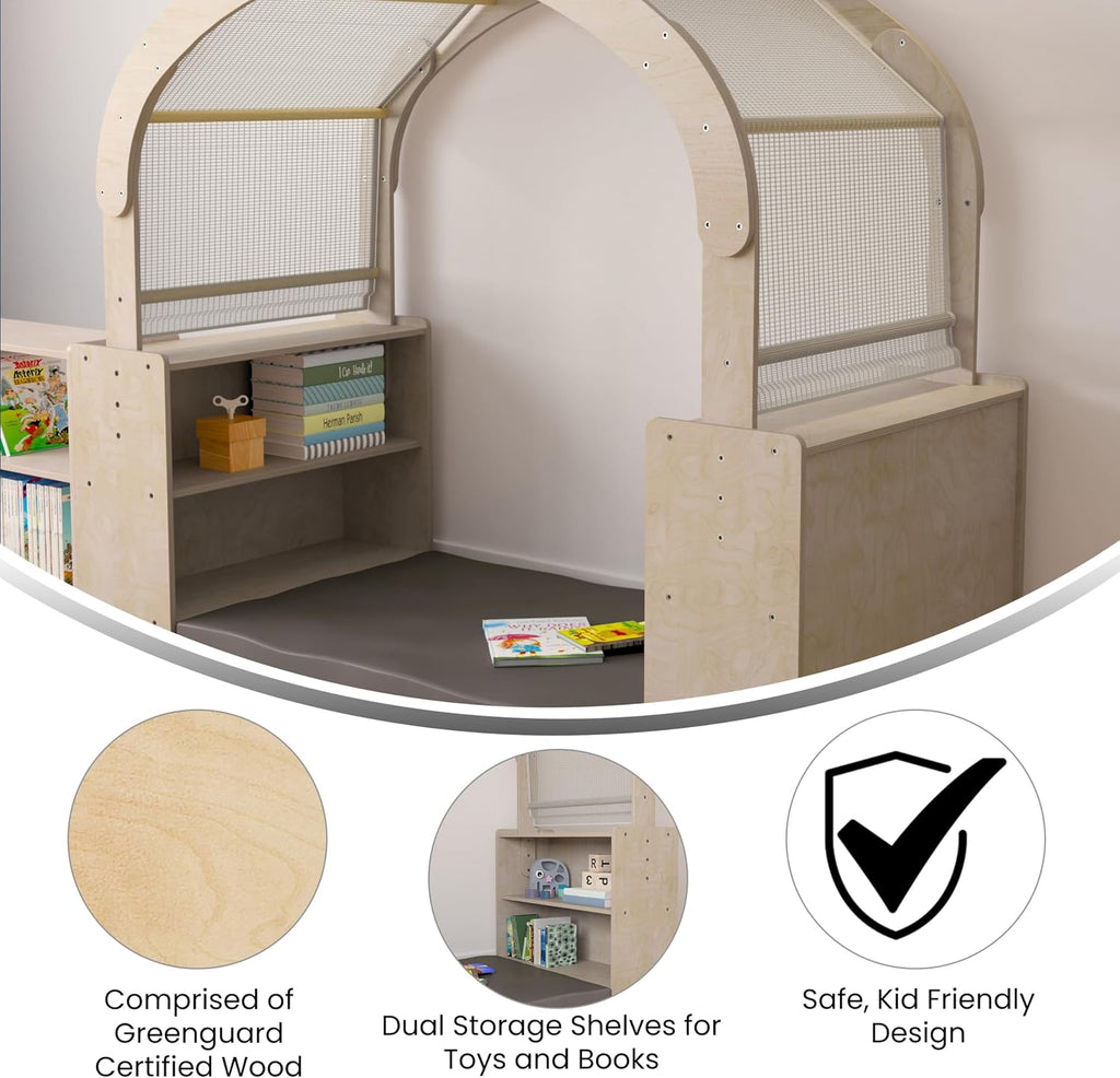 Classroom Essentials Commercial Grade Wooden Quiet Corner Reading Nook with Two Storage Shelf Units and Canopy-Green Guard Certified Wood