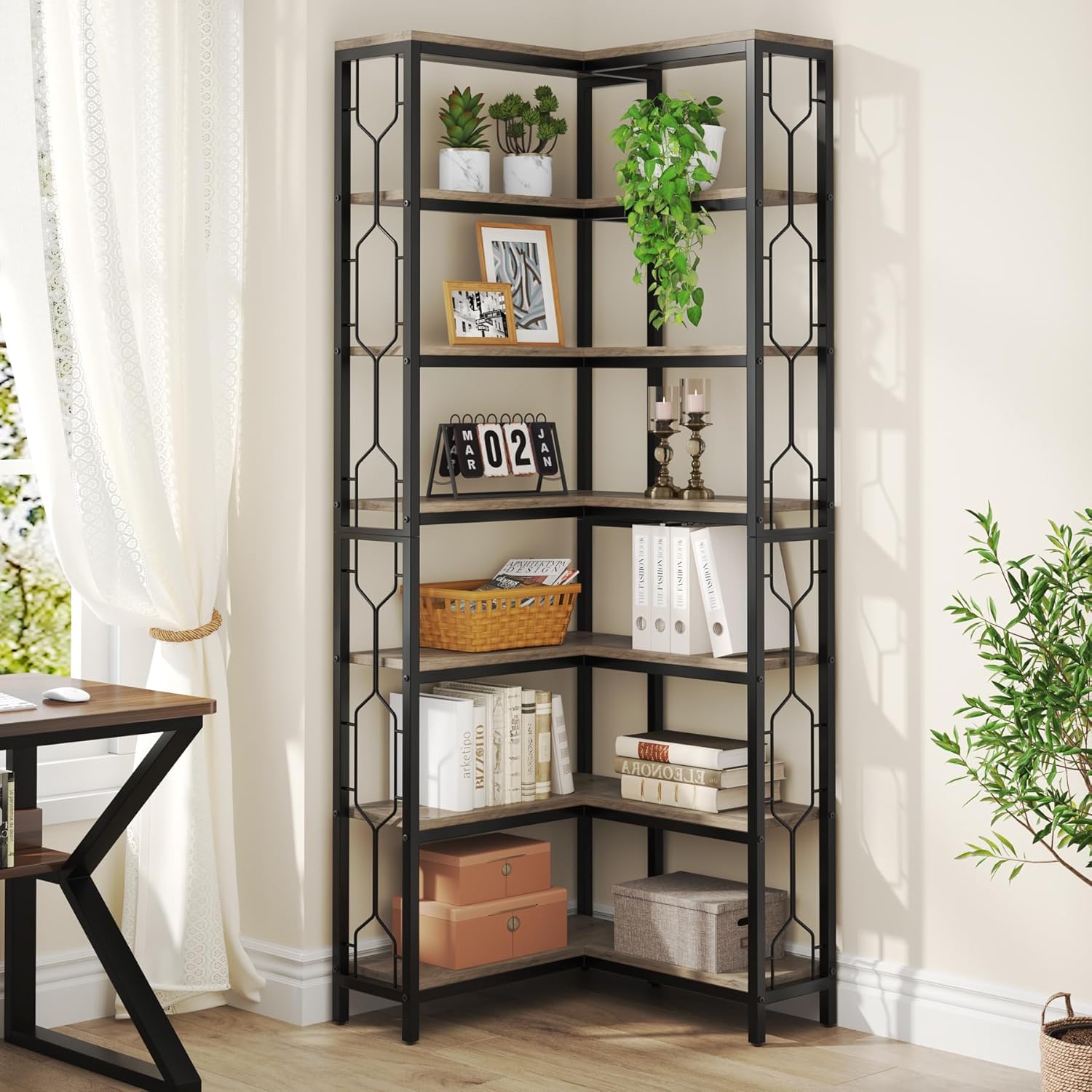 LITTLE TREE Corner Bookshelf, 7-Tier Bookcase, Tall Book Shelf Modern Book Case for Books, Garage Kit, CDs, Movies, Industrial Storage Organizer for Bedroom Home Office Kitchen Living Room, Grey