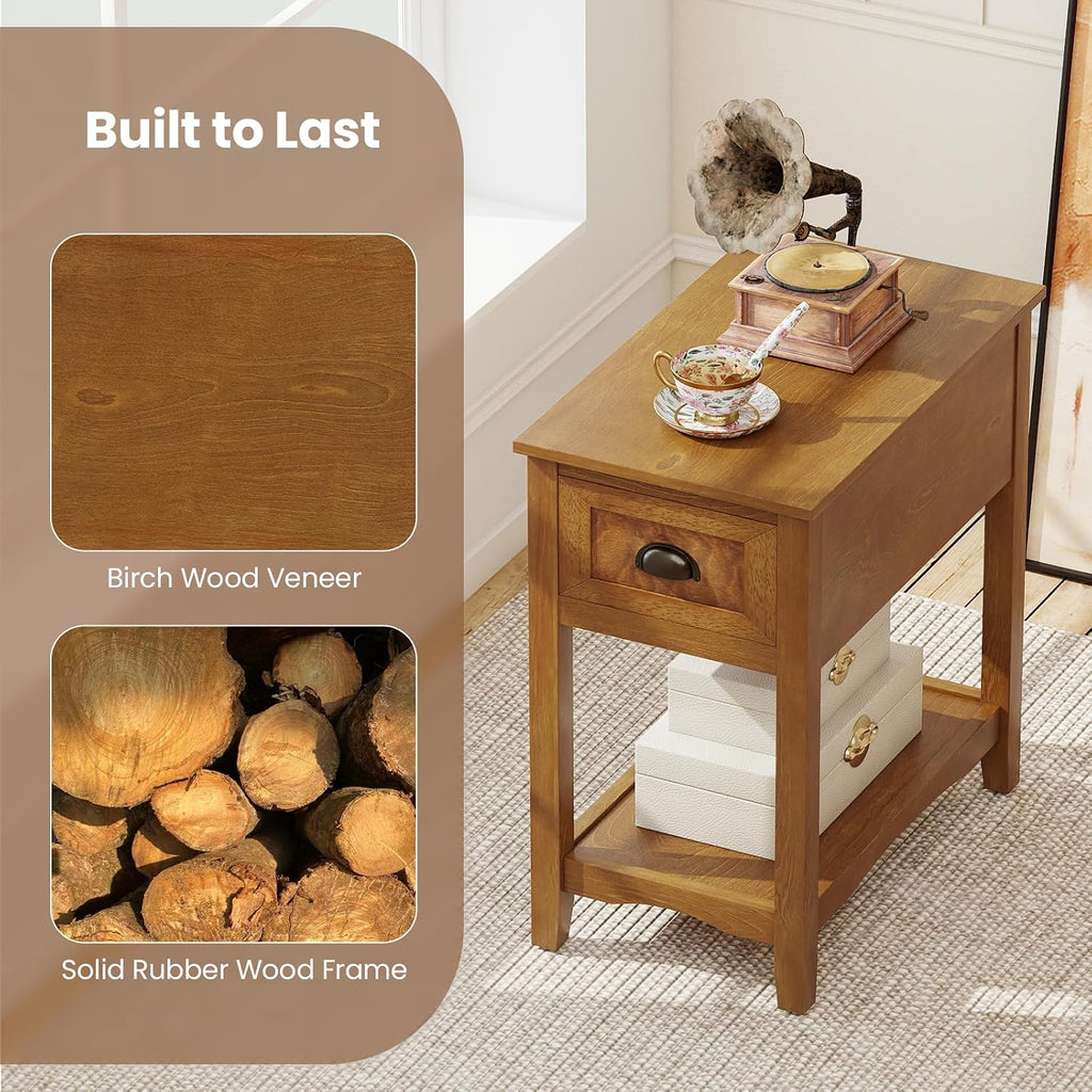 GOFLAME Narrow End Table with Drawer, Retro Sofa Side Table with Storage Shelf & Solid Rubber Wood Legs, Farmhouse Bedside Tables, Rustic Nightstand for Living Room, Bedroom, Light Brown (2)