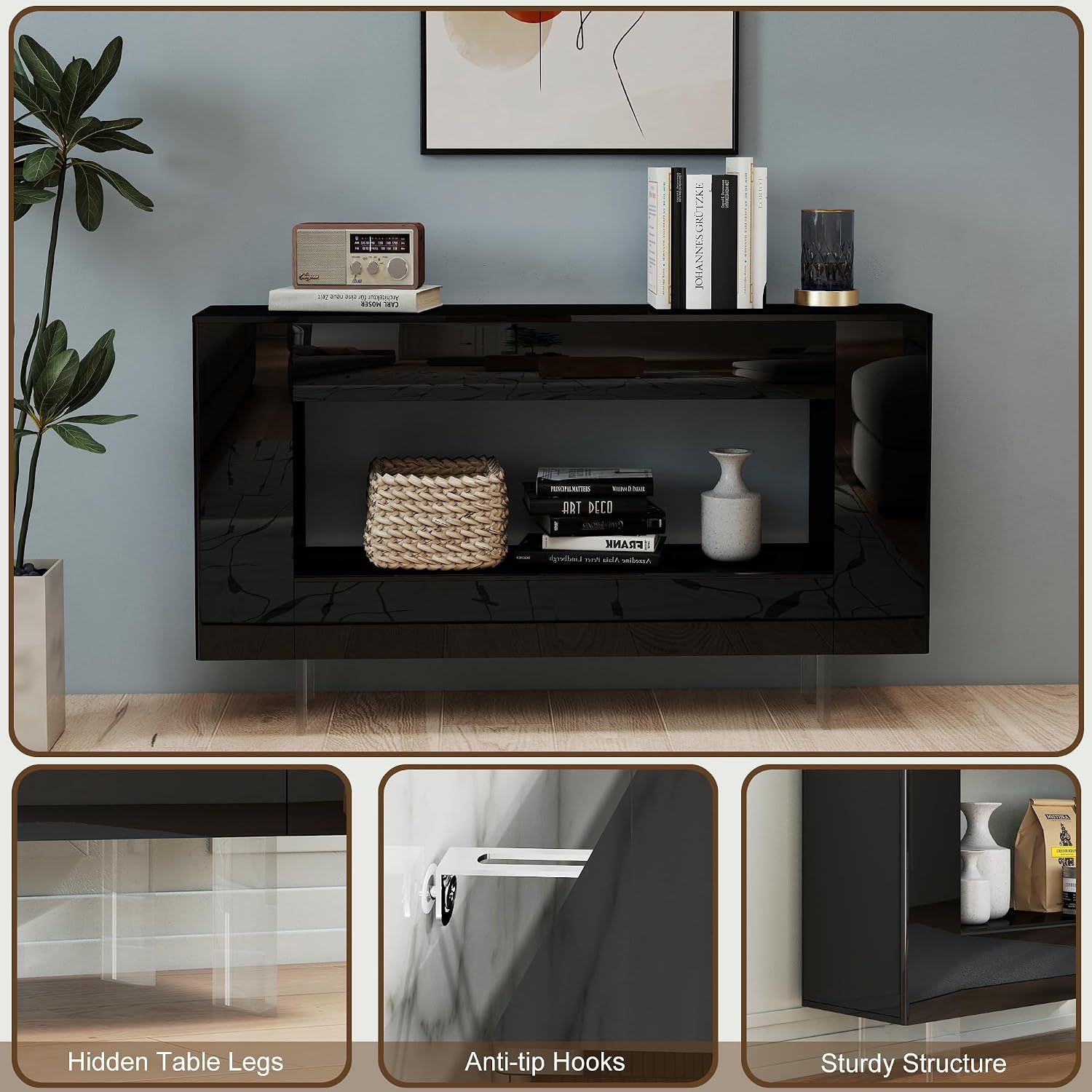 47' High Gloss Console Table with Hidden Side Storage Cabinets, Adjustable Shelves, Modern Black Entryway Sofa Table for Behind The Couch, Living Room, Hallway, Black