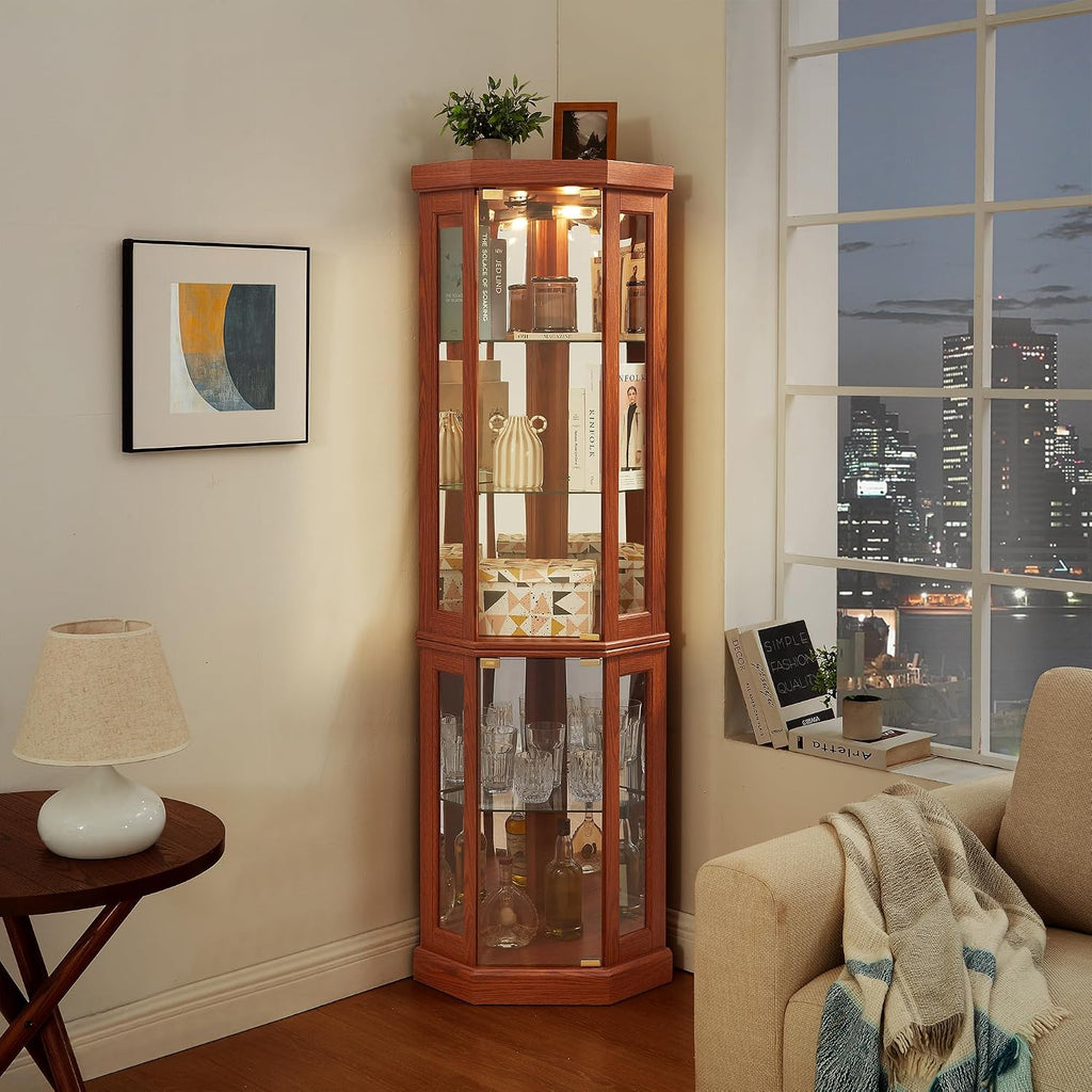 69' H Lighted Corner Curio Cabinet, 5-Tier Curio Glass Display Cabinet w/Glass Door & Adjustable Shelves, Wooden Display Showcase Corner Storage Cabinet for Living Room(Dark Oak)