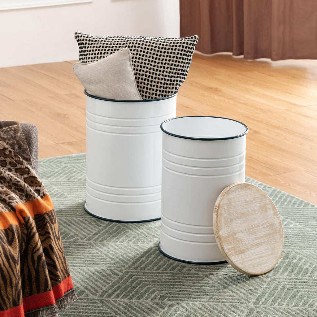 Glitzhome 4-Piece Galvanized Side Table Set, Metal Farmhouse Barrel Toy Box Bins with Round Wood Lid, Rustic Ottoman Seat Stool with Large Storage Space, for Living Room, Bedroom,White