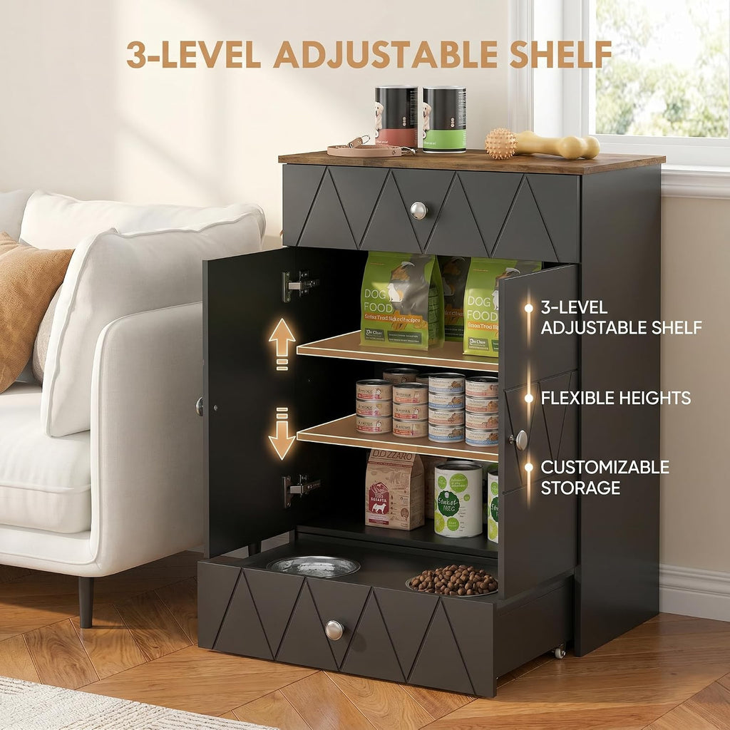 Pet Feeding Station with Storage, Raised Dog Bowls, Pet Feeder Cabinet, with Adjustable Shelves, Rolling Drawer, Hooks, for Feeding & Watering Supplies (Black)