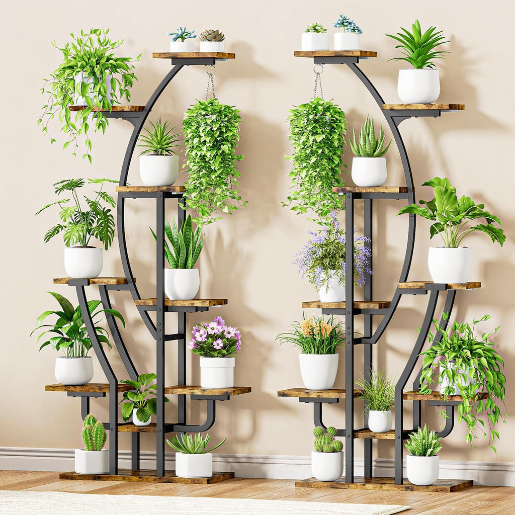 IRONCK Plant Stand Indoor with Grow Lights, 9 Tiered Indoor Plant Shelf, 62' Corner Plant Stands for Indoor Plants, Metal Plant Flower Display Shelves, Moon-Shaped Plant Rack for Home, Patio, Black
