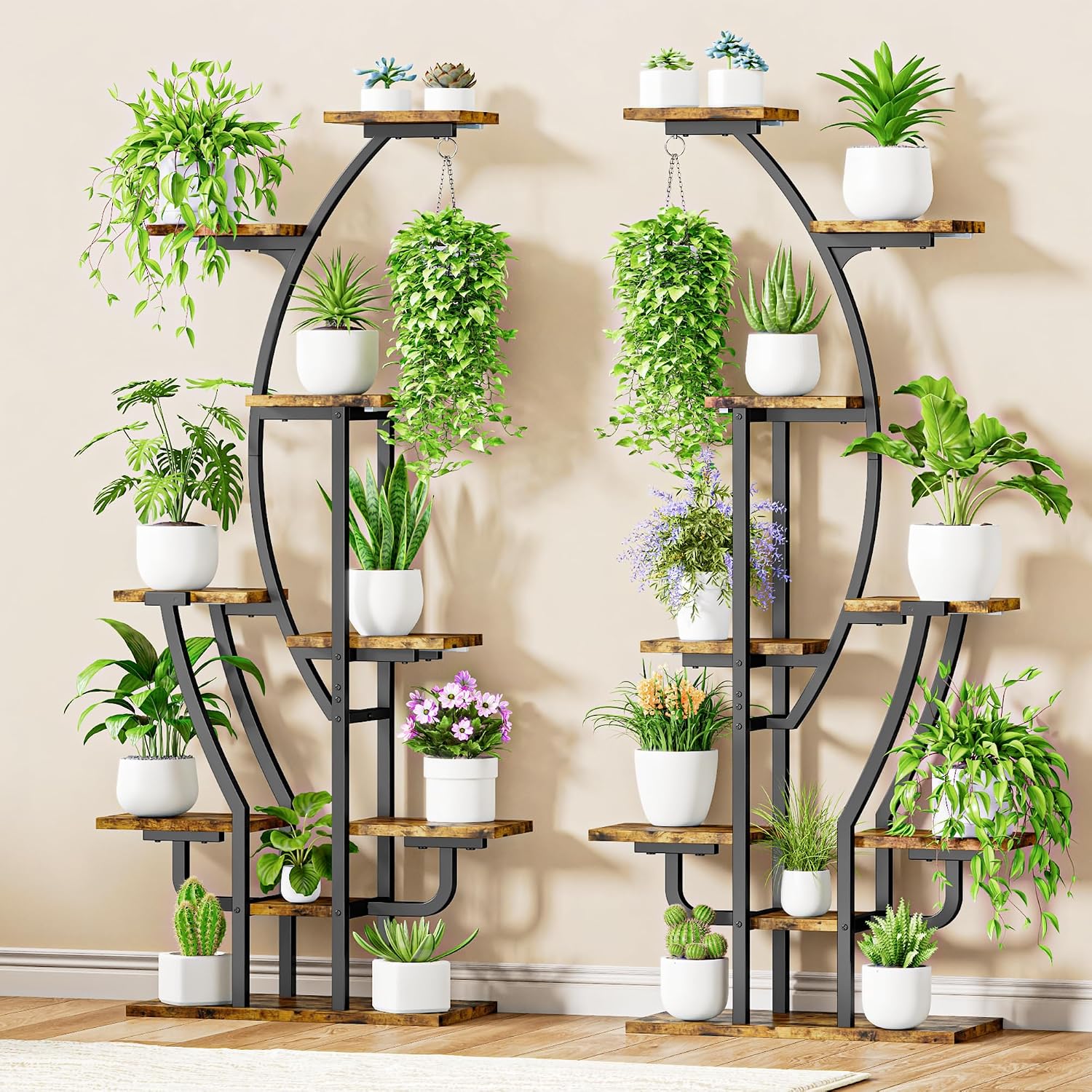 IRONCK Plant Stand Indoor with Grow Lights, 9 Tiered Indoor Plant Shelf, 62' Corner Plant Stands for Indoor Plants, Metal Plant Flower Display Shelves, Moon-Shaped Plant Rack for Home, Patio, Black