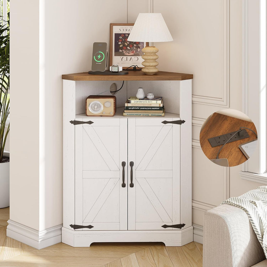 Vabches Farmhouse Corner Cabinet with Charging Station,Small Corner Storage Cabinet with Barn Doors and Adjustable Shelves for Living Room,Bathroom,and Kitchen