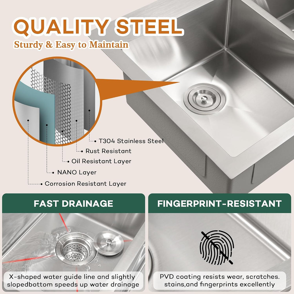Rhbamoa Double Bowl Drop In Kitchen Sink 33x22,16-Gauge T304 Stainless Steel Topmount Kitchen Sink,50/50 Double Bowl Kitchen Sinks,Deep Sinks with All Accessories, Brushed Finish
