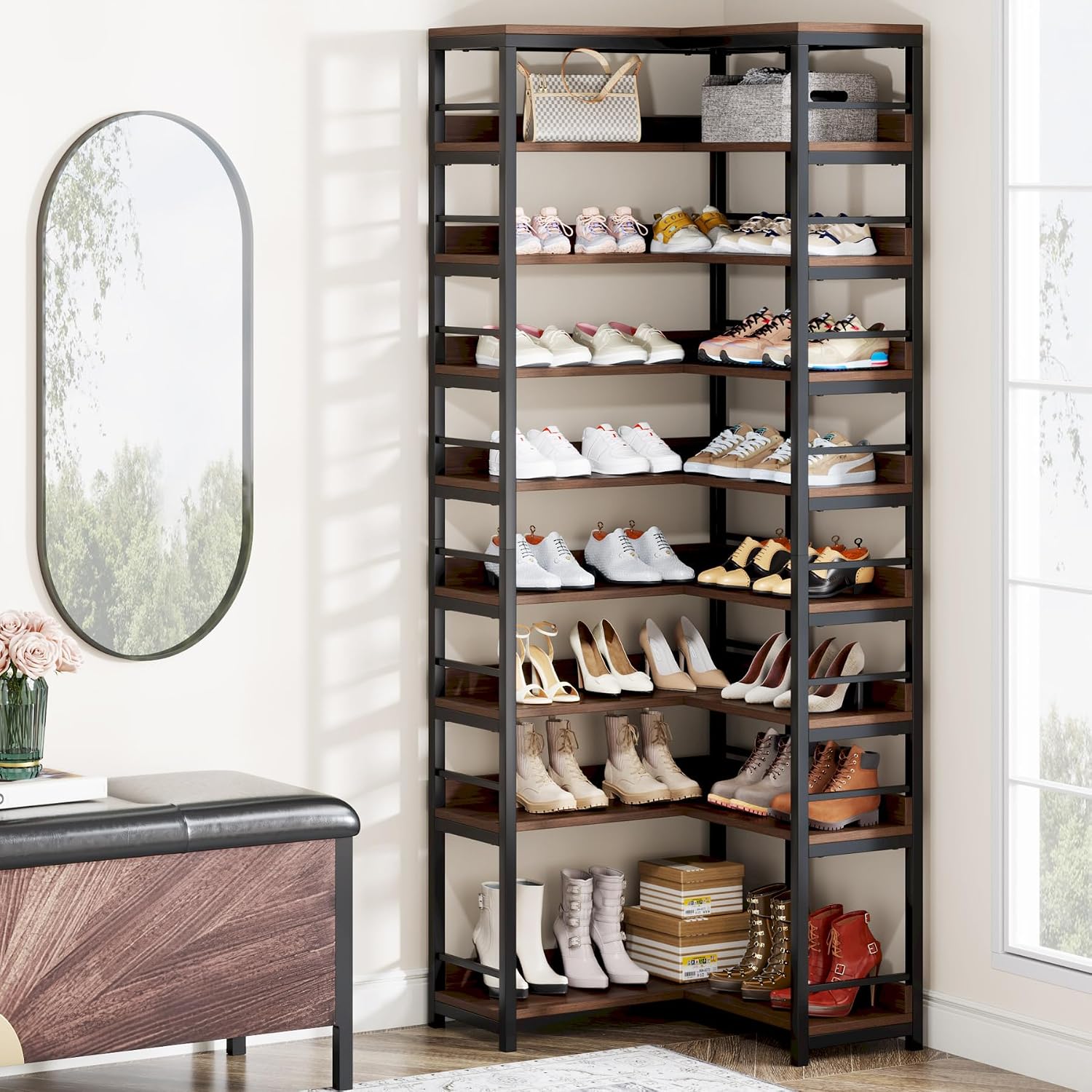 Tribesigns 9 Tiers Corner Shoe Rack, Tall Vertical Shoe Rack Organizer, Free Standing Large Shoe Storage Shelf for Entryway Hallway Closet, Space Saving, Rustic Brown