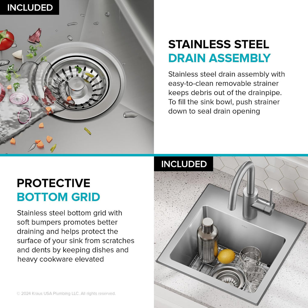 KRAUS Fairlane 15-inch Drop In/Top Mount Single Bowl 18-Gauge Stainless Steel Kitchen Bar Sink, KHT631-15