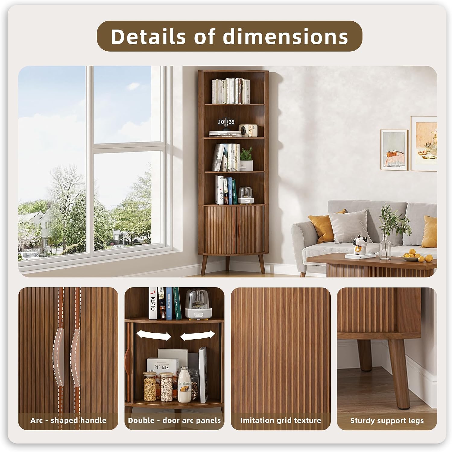 Corner Cabinet, 66.73'' Tall Modern Corner Bathroom Storage Cabinet with 2 Fluted Doors and Shelves, Home Space Saver for Kitchen, Living Room, Study Room(Walnut, 66.73''H)