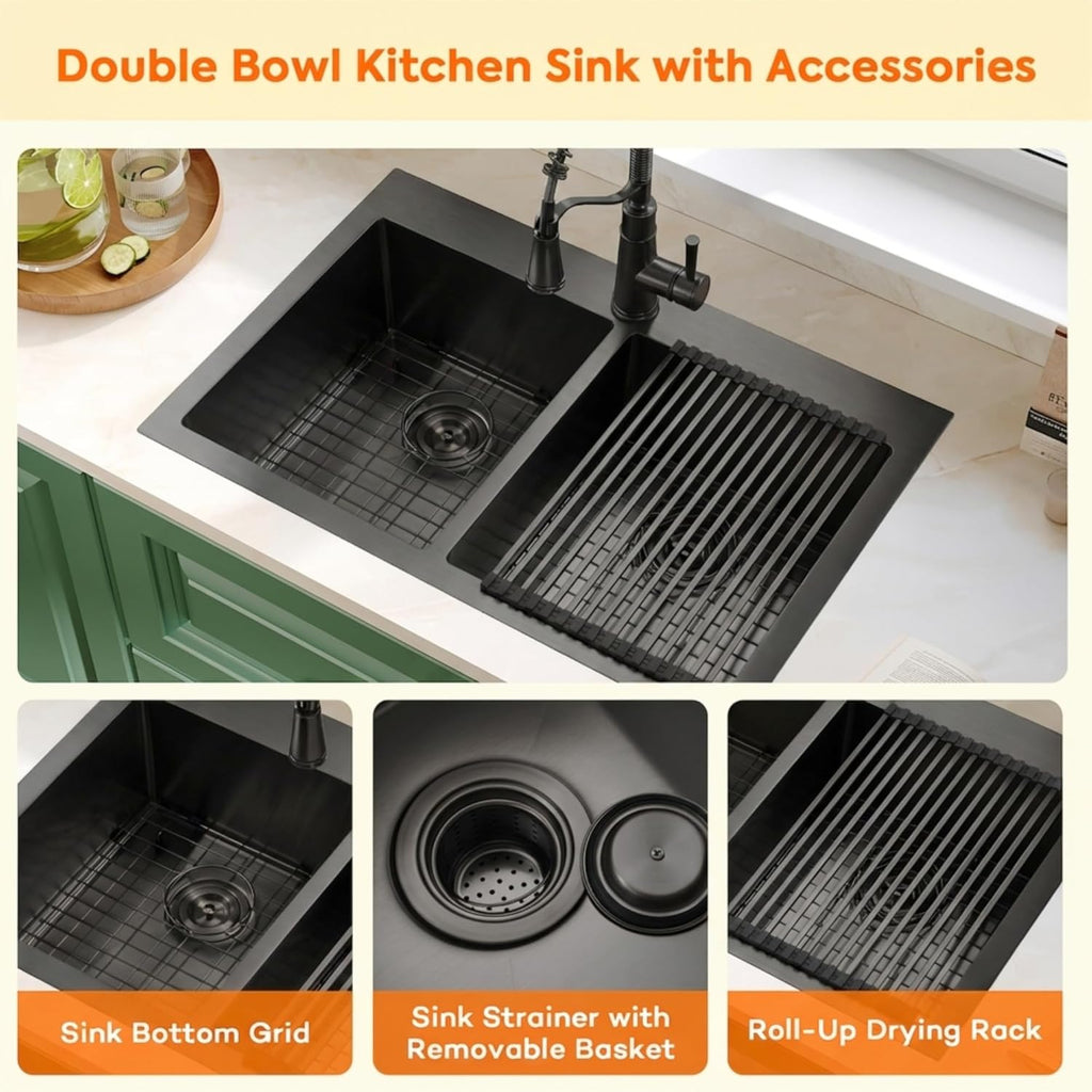 Black Kitchen Sink,33 X 22 inch Drop in Kitchen Sinks Double Bowl,16 Gauge Stainless Steel 50/50 Double Sink,Top Mount/Drop In Double Kitchen Sink 33 inch