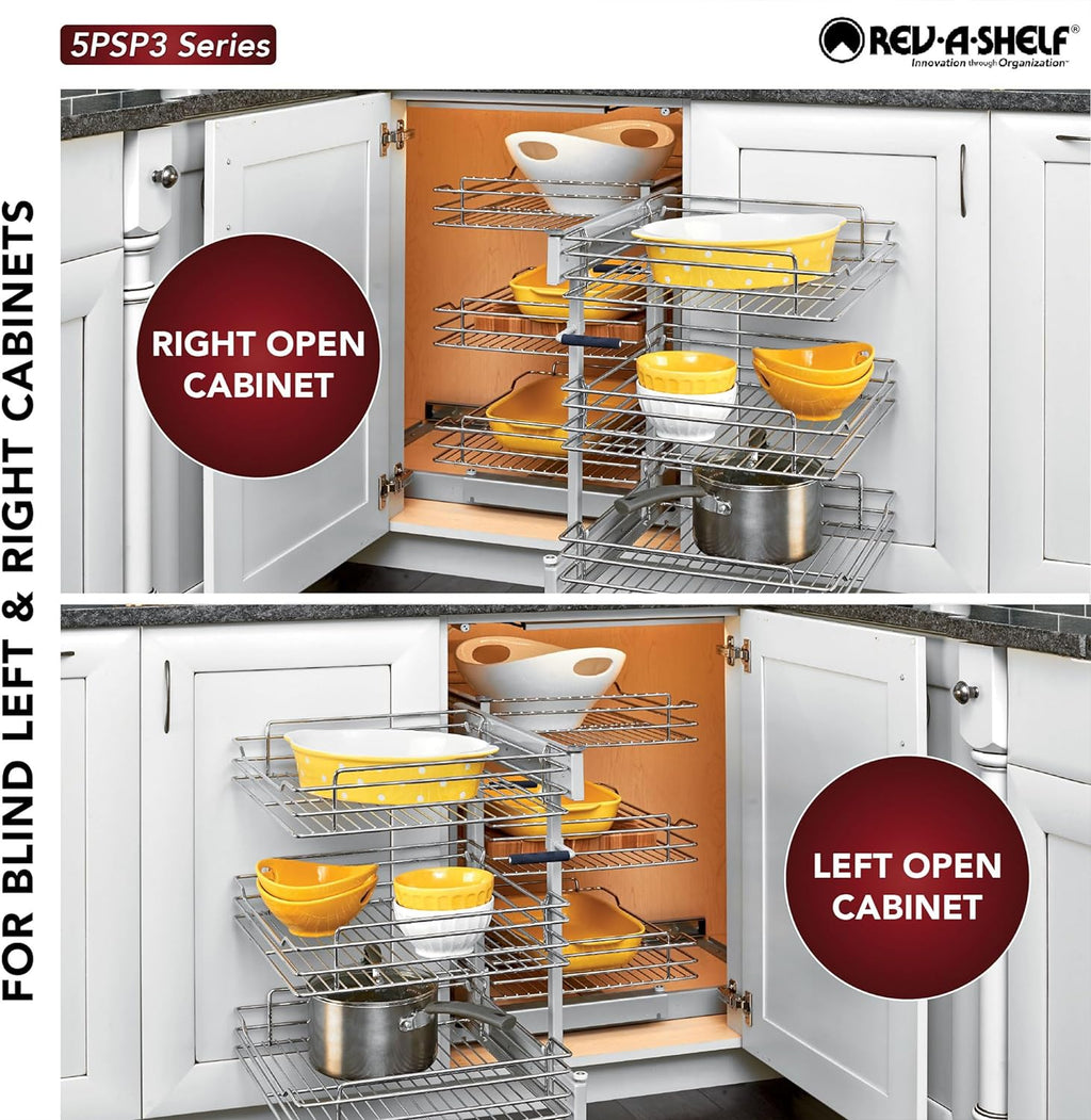 Rev-A-Shelf Chrome 3-Tier Wire Pullout Organizer with Soft-Close for Blind Corner Kitchen/Bathroom Cabinets, Adjustable 6-Basket Storage System, Min Opening Width of 15', 5PSP3-15SC-CR