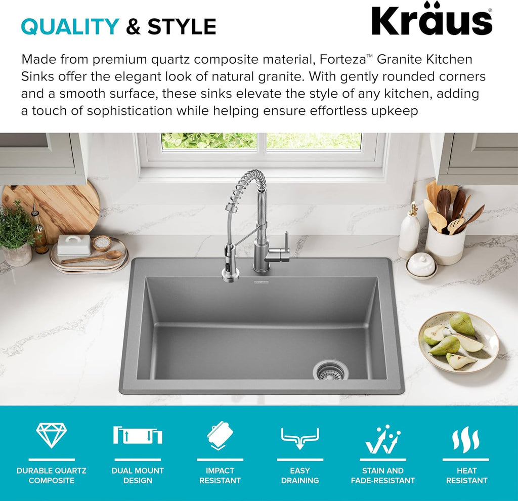 KRAUS Forteza 33-inch Drop In/Undermount Single Bowl Granite Kitchen Sink in Grey, KGD-54GREY