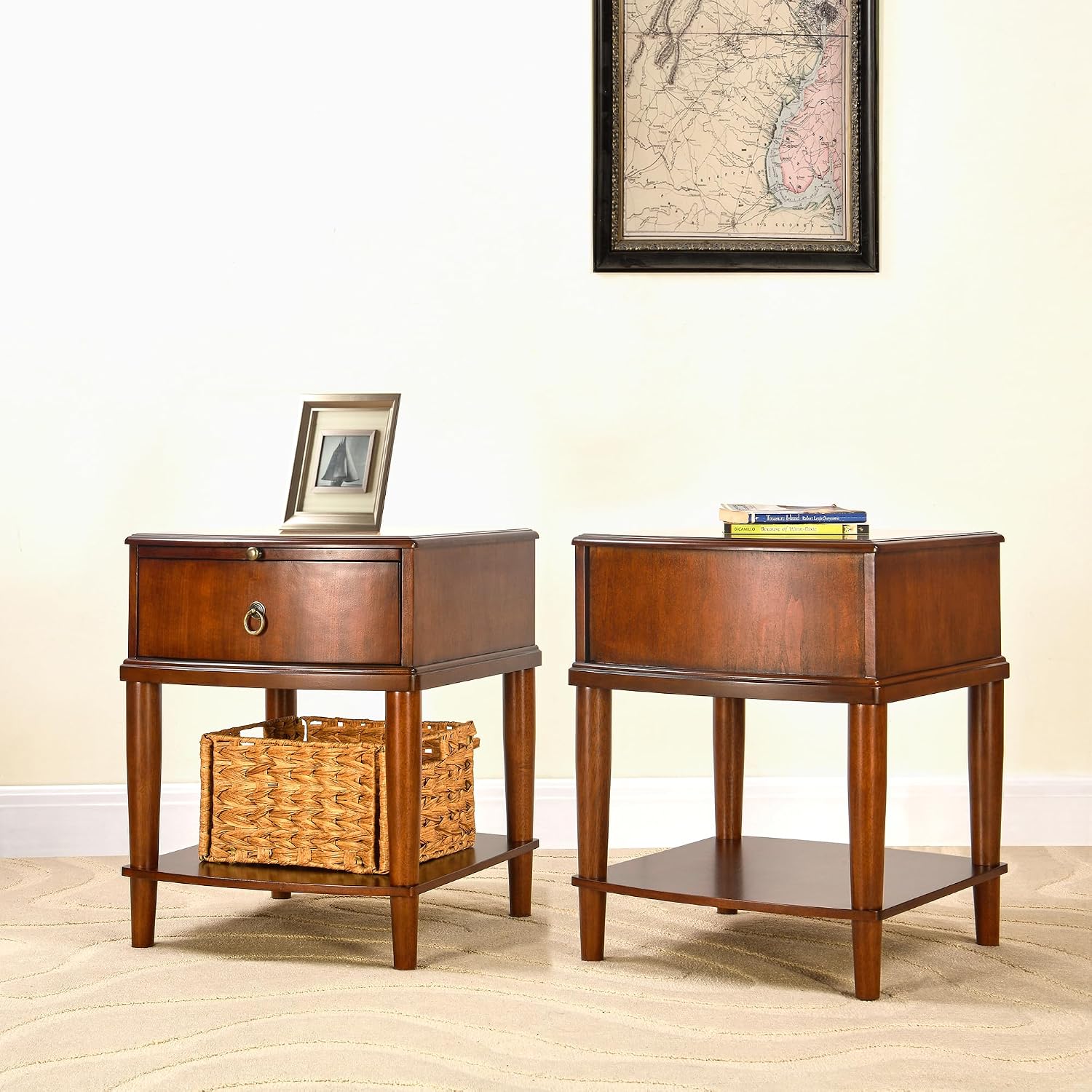 Farmhouse End Side Table Set of 2 with Pull-Out Tray And Storage Drawer, Sofa Beside Tables, Nightstand, No-Tools Assembly 17.7'L x 19.7'W x 22.8'H for Living Room, Caramel Brown CJZ-A1569-MG