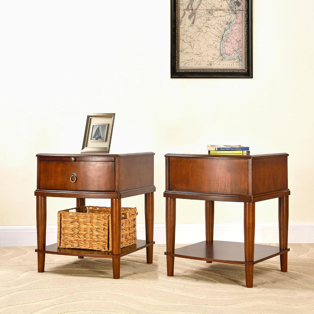 Farmhouse End Side Table with Pull-Out Tray And Storage Drawer, Sofa Beside Tables with Wood Leg, Nightstand, No-Tools Assembly 17.7'L x 19.7'W x 22.8'H for Living Room, Caramel Brown CJZ-A1569-MG