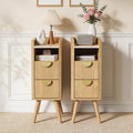 26.4' Tall Narrow Nightstand Set of 2, 9.8' Wide Fluted End Table with 2 Drawer & Open Shelf, Wood Night Stand w/Rounded Corner, Slim Side Table for Bedroom/Entryway/Living Room, Natural