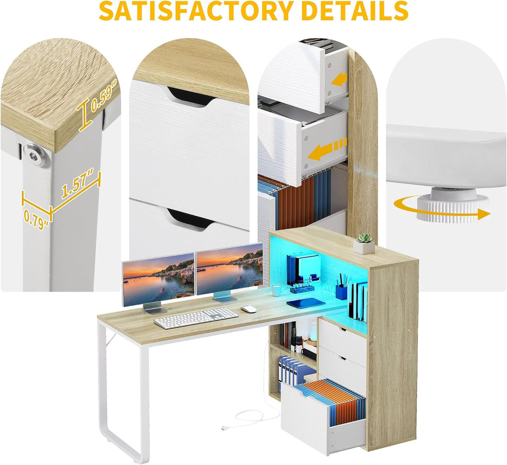 DWVO L Shaped Desk with Drawers, 55' Corner Computer Desk with Bookshelf & Power Outlets & LED Lights, Home Office Desk with Storage Shelves, Oak & White