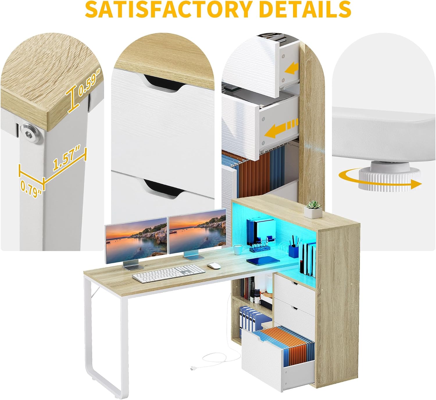 DWVO L Shaped Desk with Drawers, 55' Corner Computer Desk with Bookshelf & Power Outlets & LED Lights, Home Office Desk with Storage Shelves, Oak & White