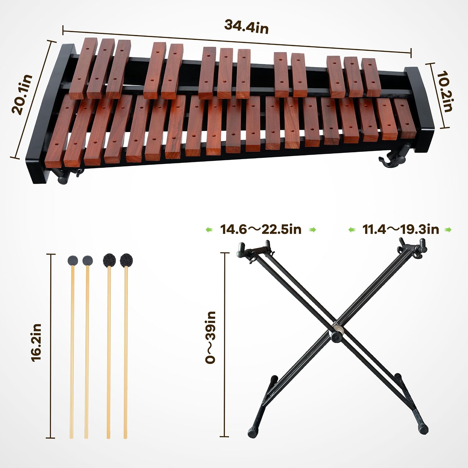 32 Note Xylophone Professional Wooden Glockenspiel Xylophone with Adjustable Stand - Premium Musical Instrument Includes 4 Mallets, Hand Bell & Bag