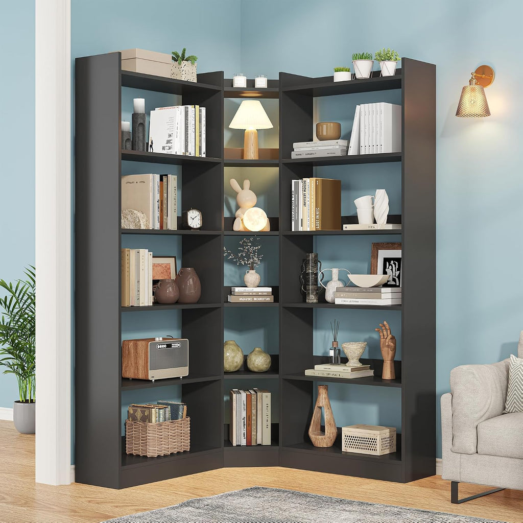 6 Tiers Corner Bookshelf and Bookcase with Baffle, 63.1' Tall Modern L-Shaped Storage Display Book Shelf Industrial Bookshelves for Bedroom, Living Room, Kitchen, Home Office, Black