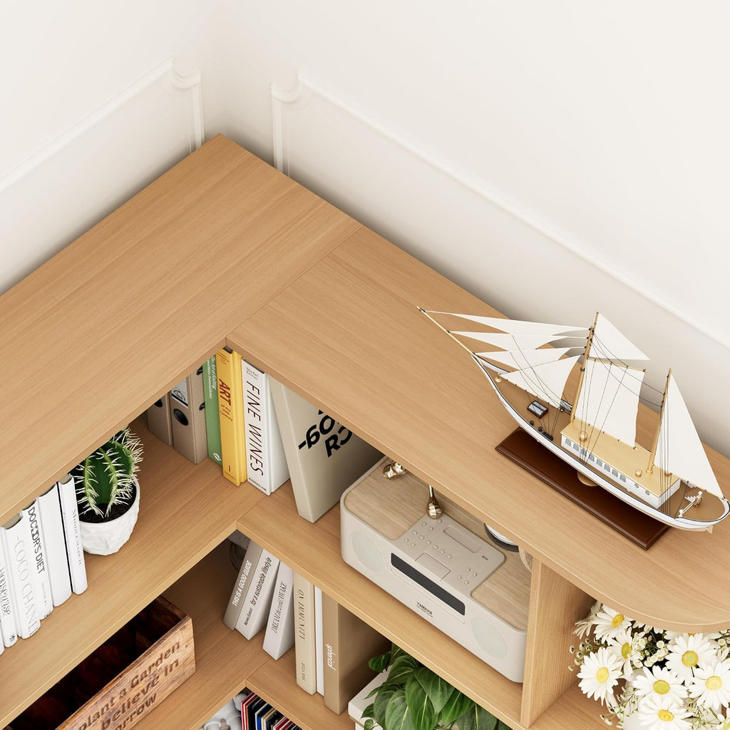 FOTOSOK 72' Tall Corner Bookshelf, 6-Tier Bookshelf and Bookcase with Open Storage, Tall Bookcases Wooden Storage Shelves for Home Office, Thickened Boards for Better Load Bearing, Natural