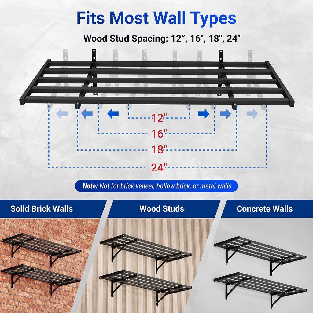 FLEXIMOUNTS Fold-Down 2x4ft Garage Wall Shelving, 4-Pack Heavy Duty Folding Garage Shelving Wall Mounted, 600 lbs Capacity, Storage for Power Tools, Garden Supplies & Seasonal Storage, Lite Series
