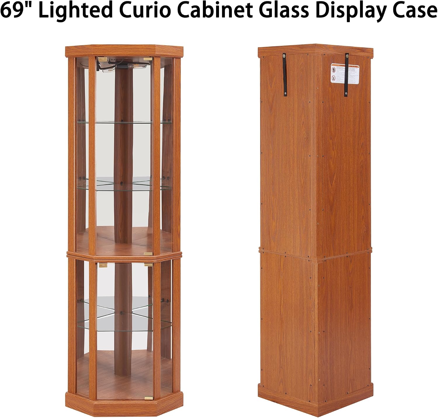 69' H Lighted Corner Display Cabinet, Curio Corner Glass Cabinet w/Adjustable Shelves & Glass Door, 5-Tier Wooden Storage Display Case w/Mirrored Back Pane for Living Room (Dark Oak)