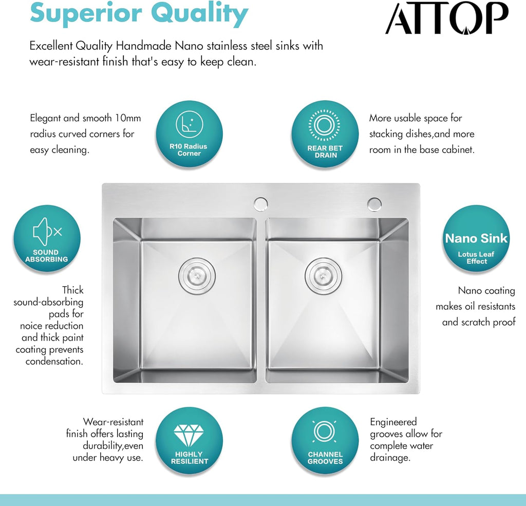 ATTOP 33 Inch Large Double Bowls Drop in Kitchen Sink,Nano Coating Stainless Steel Handmade Topmount Kitchen Sink