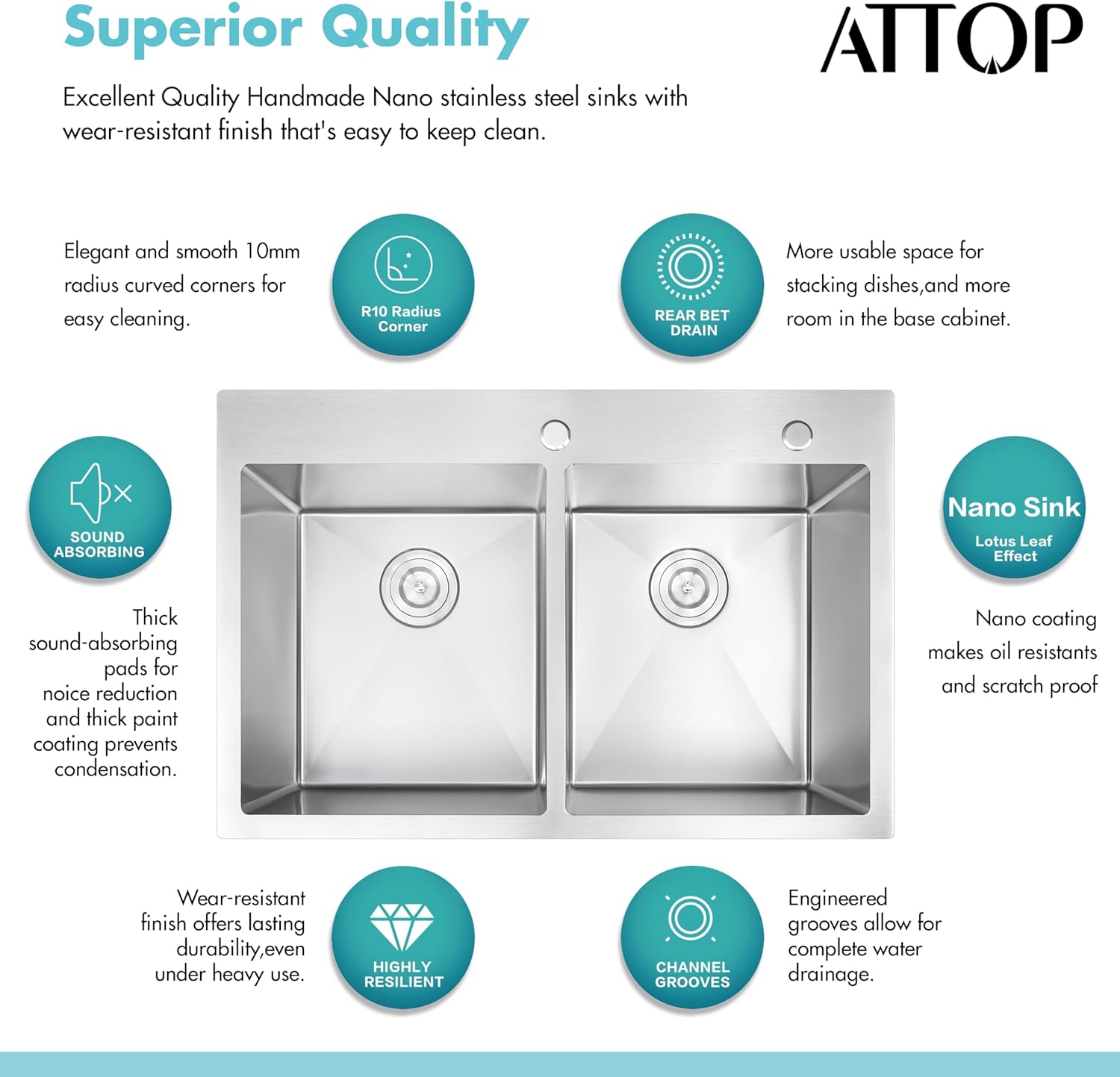 ATTOP 33 Inch Large Double Bowls Drop in Kitchen Sink,Nano Coating Stainless Steel Handmade Topmount Kitchen Sink