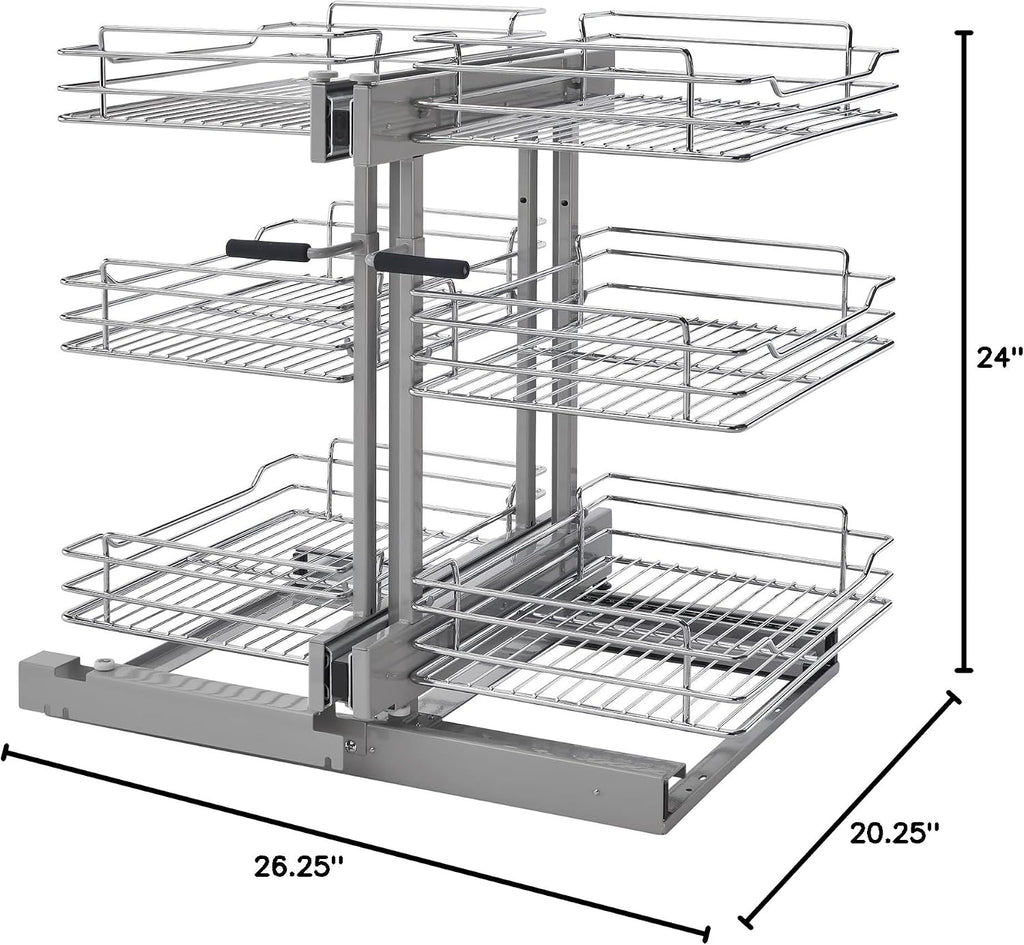 Rev-A-Shelf Chrome 3-Tier Wire Pullout Organizer with Soft-Close for Blind Corner Kitchen/Bathroom Cabinets, Adjustable 6-Basket Storage System, Min Opening Width of 15', 5PSP3-15SC-CR