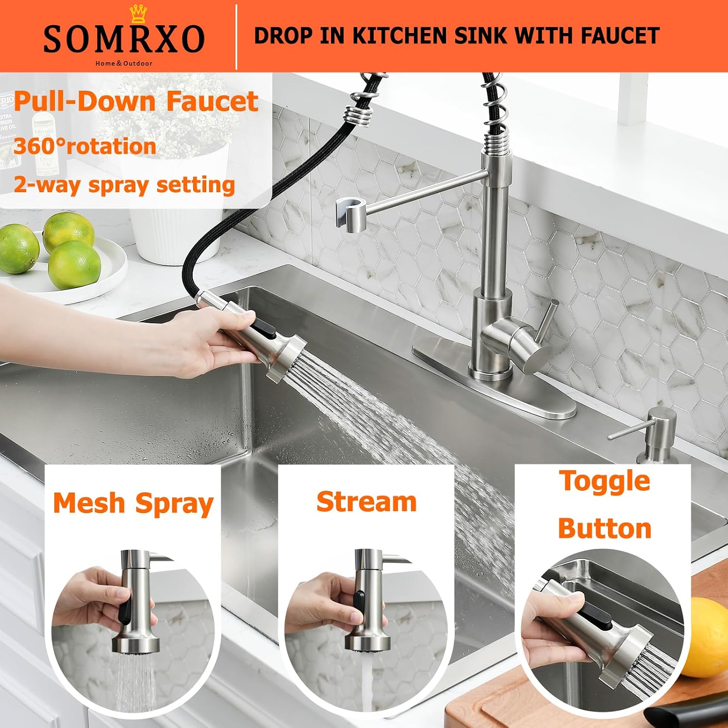 25 Inch Drop In Kitchen Sink with Faucet Combo - Stainless Steel Drop In Sink with Cup Washer, 9 Inch Deep Single Bowl Kitchen Sinks and Faucets Combo Set,Top Mount Design for Modern Kitchens