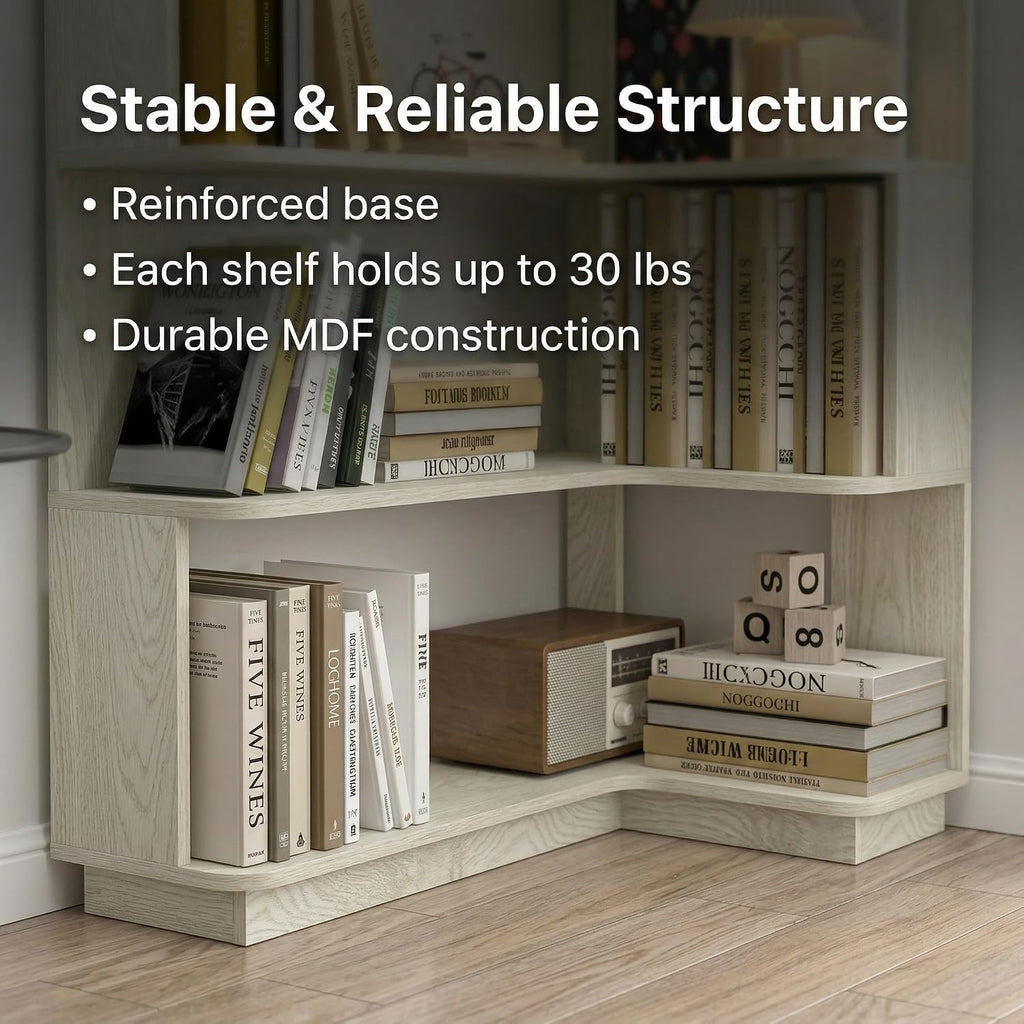 6 Tier Corner Bookshelf, Freestanding L-Shaped Wooden Bookcase with Open Shelves, Anti-Fall Panels and Anti-Tipping Device for Living Room, Home Office (White with Left Extension)