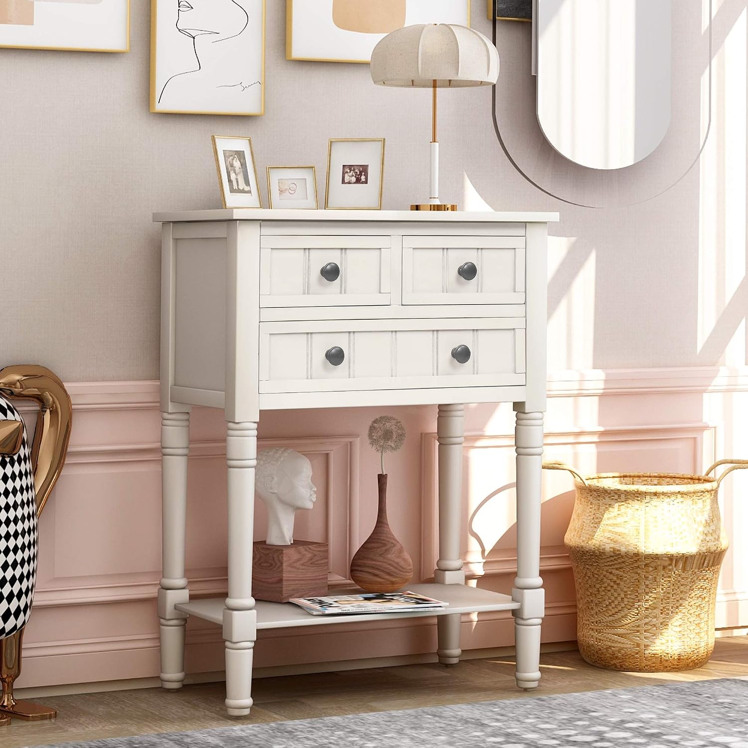 Knocbel Slim Antique Entry Console Table with Drawers & Bottom Open Shelf, Solid Wood Sofa Couch Table for Entryway Hallway Living Room (Ivory White)