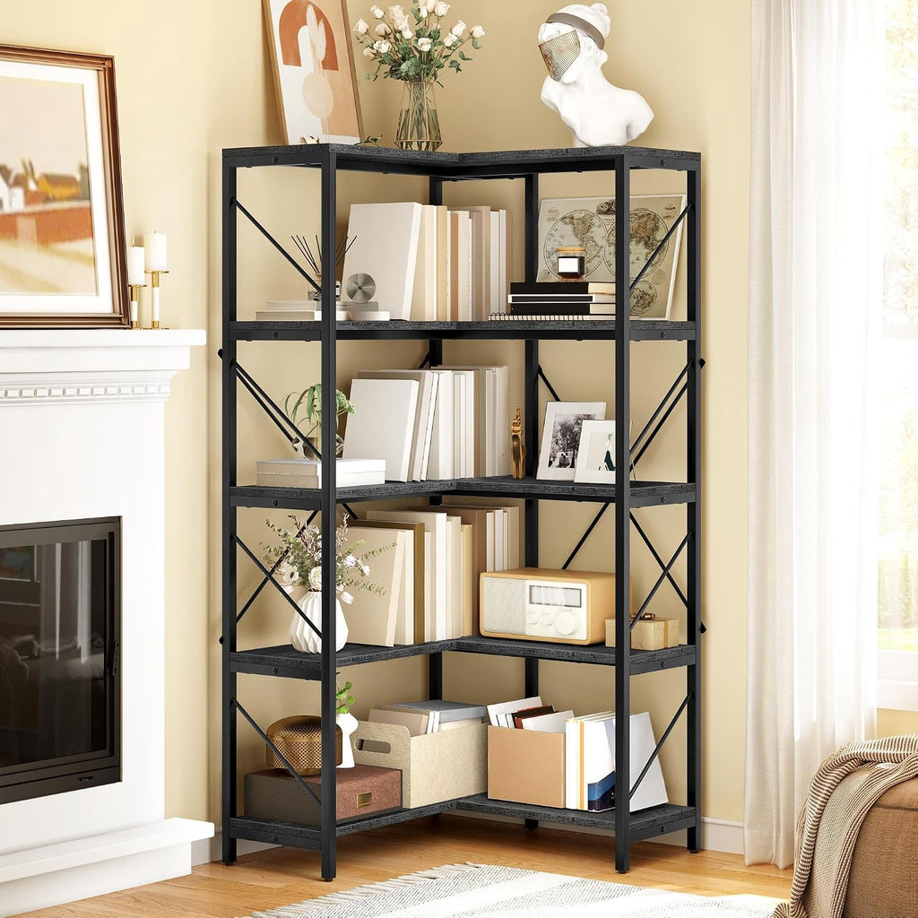 YITAHOME Corner Bookshelf, Industrial Corner Shelf 5 Tier Bookcase, Large Display Rack Storage for Bedroom, Living Room, Home Office,Charcoal Gray + Black