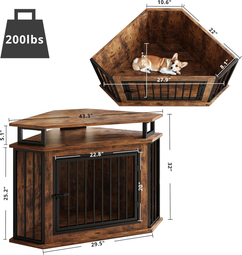 IRONCK 43.3' Corner Dog Crate Furniture with 2-Tier Shelves, Wooden Dog Kennel Indoor, Space-Saving Furniture Style Dog Cage for Small and Medium Dogs, Rustic Brown (23.6' L x 43.3' W x 32' H)