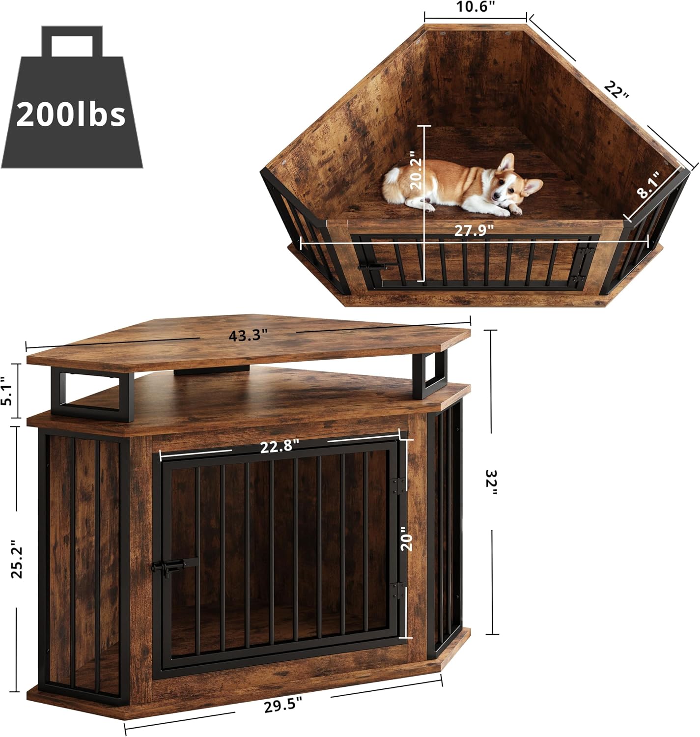 IRONCK 43.3' Corner Dog Crate Furniture with 2-Tier Shelves, Wooden Dog Kennel Indoor, Space-Saving Furniture Style Dog Cage for Small and Medium Dogs, Rustic Brown (23.6' L x 43.3' W x 32' H)