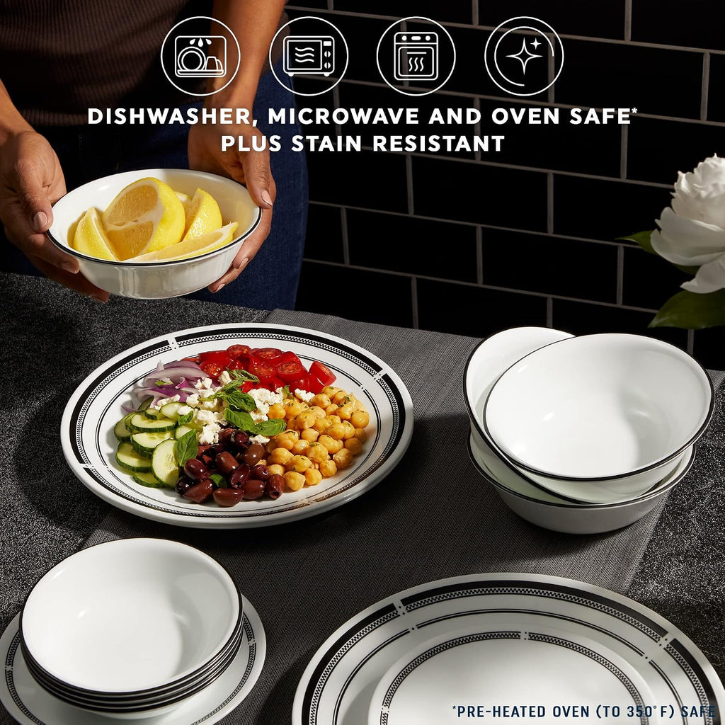 Corelle 18-Piece Dinnerware Set, Service for 6, Lightweight Plates and Bowls Set, Vitrelle Triple Layer Glass, Brasserie Collection, Lunch Plates Included