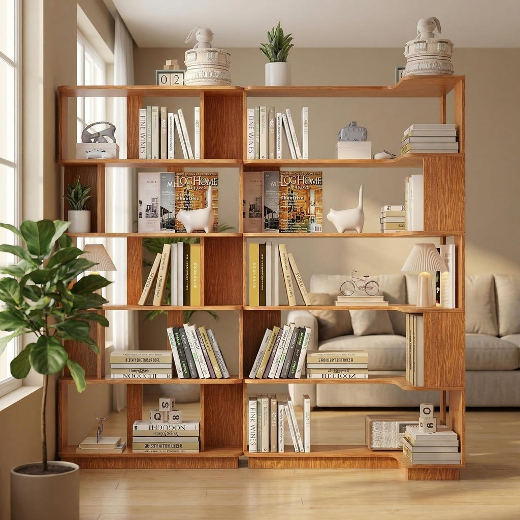 Corner Bookshelf, L Shaped, Set of 2, Dark Oak | Modular Geometric Design, Large Storage Display, Freestanding Wooden Unit, For Living Room Home Office