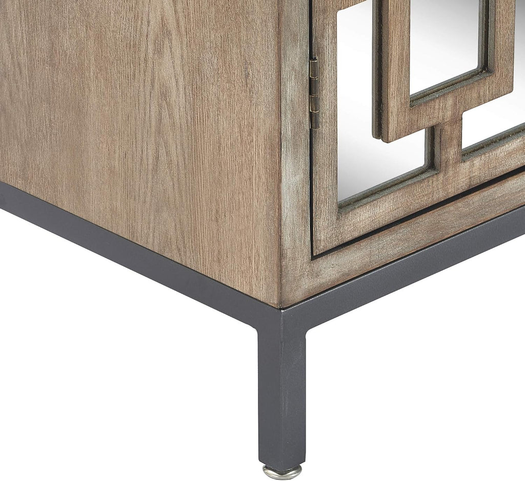 Tommy Hilfiger Hayworth Accent Storage Cabinet with Mirrored Doors, Contemporary Weathered Wood Console Table, Wood Overlay, Gray