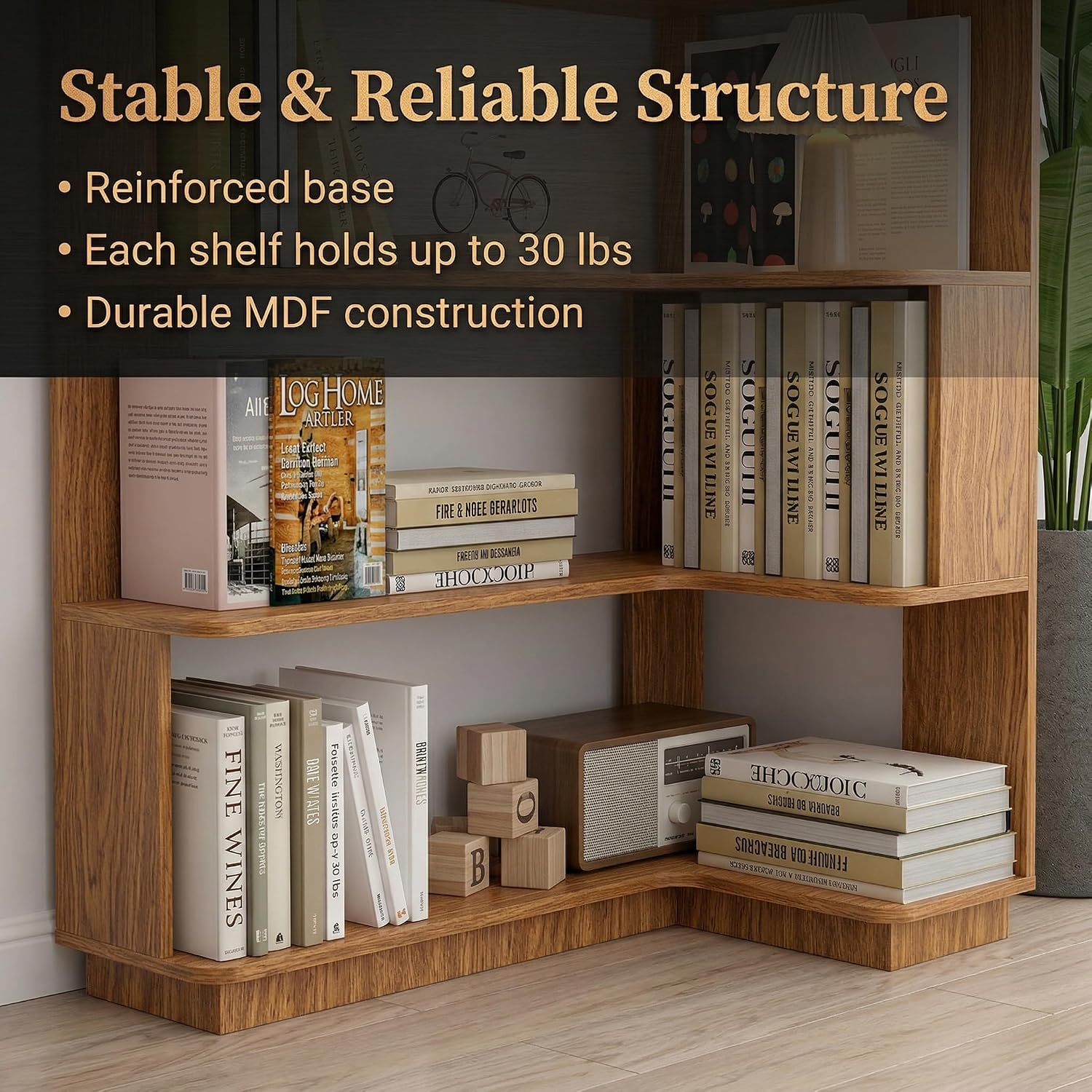 6 Tier Corner Bookshelf, Freestanding L-Shaped Wooden Bookcase with Open Shelves, Anti-Fall Panels and Anti-Tipping Device for Living Room, Home Office (Dark Oak with Left Extension)