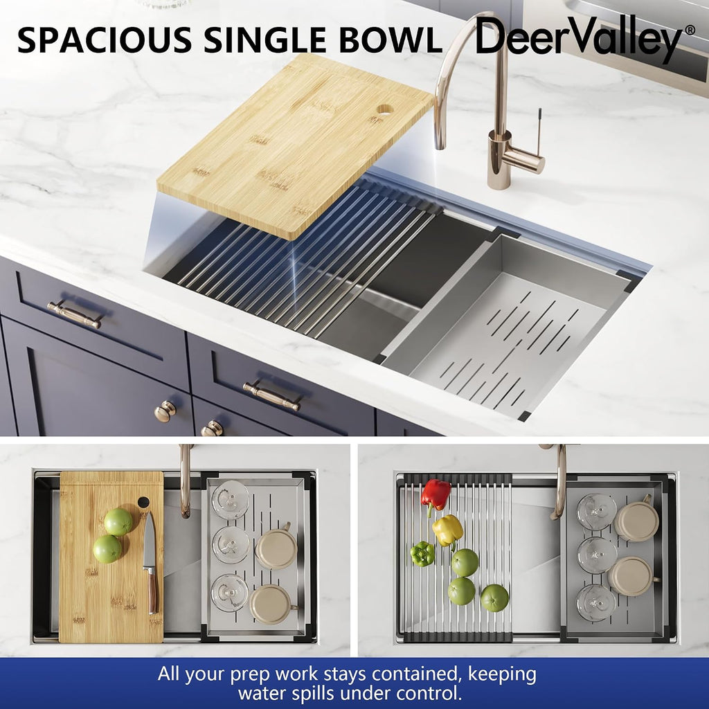 DeerValley Workstation Kitchen Sink 30 Inch, 18 Gauge Stainless Steel Single Bowl Sink, Handmade with Built-In Accessories, Ledge Design & Cutting Board