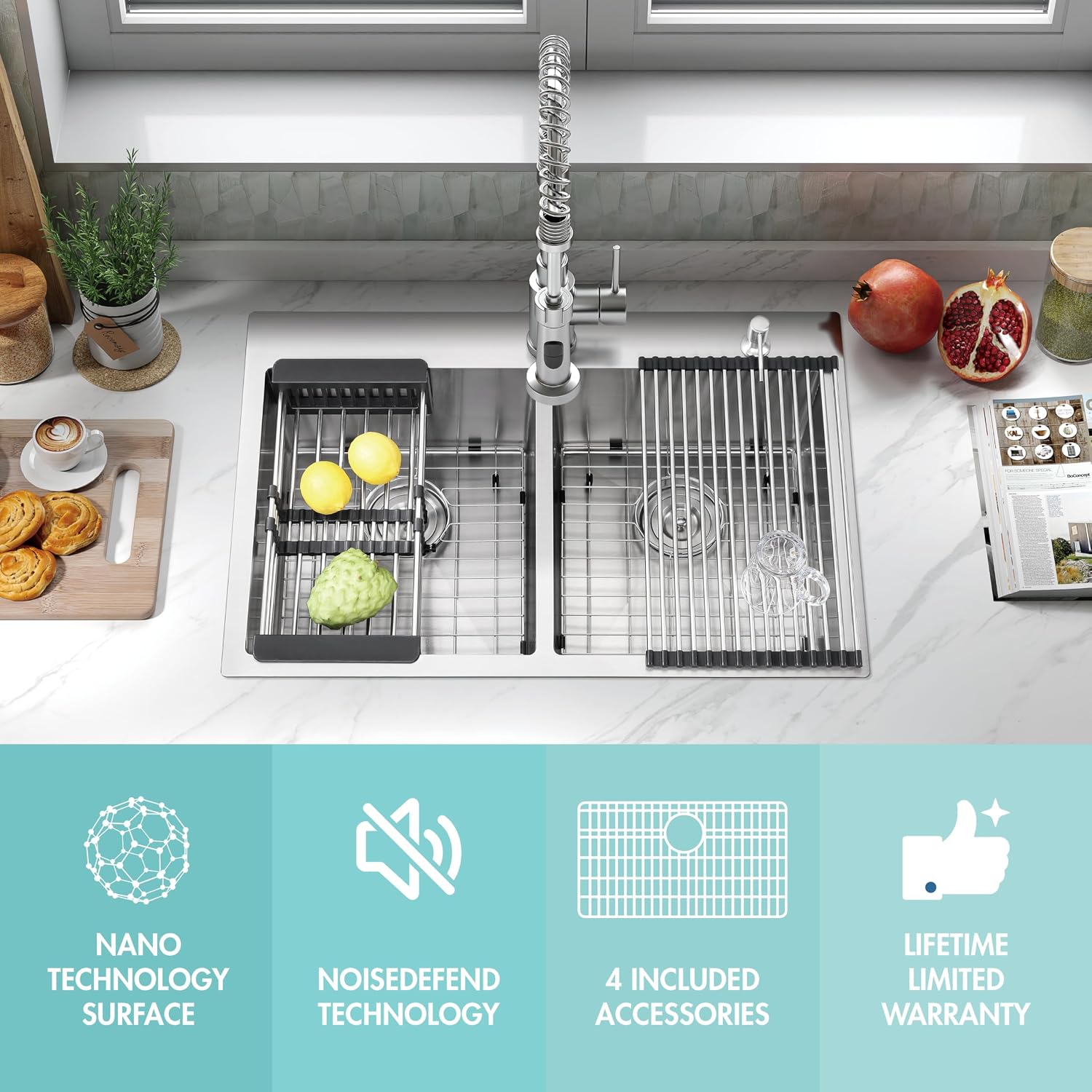 ATTOP 33 Inch Large Double Bowls Drop in Kitchen Sink,Nano Coating Stainless Steel Handmade Topmount Kitchen Sink
