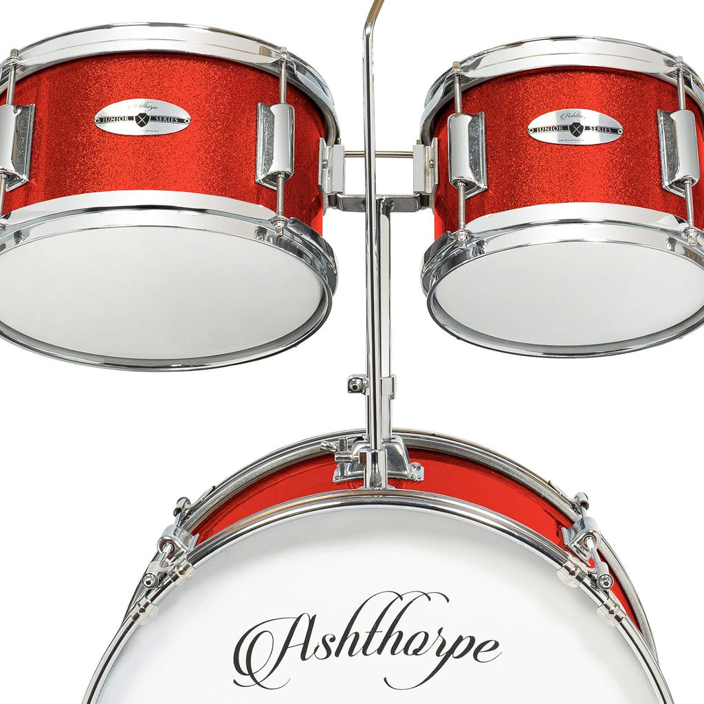 Ashthorpe 5-Piece Complete Junior Drum Set with Genuine Brass Cymbals - Advanced Beginner Kit with 16' Bass, Adjustable Throne, Cymbals, Hi-Hats, Pedals & Drumsticks - Red