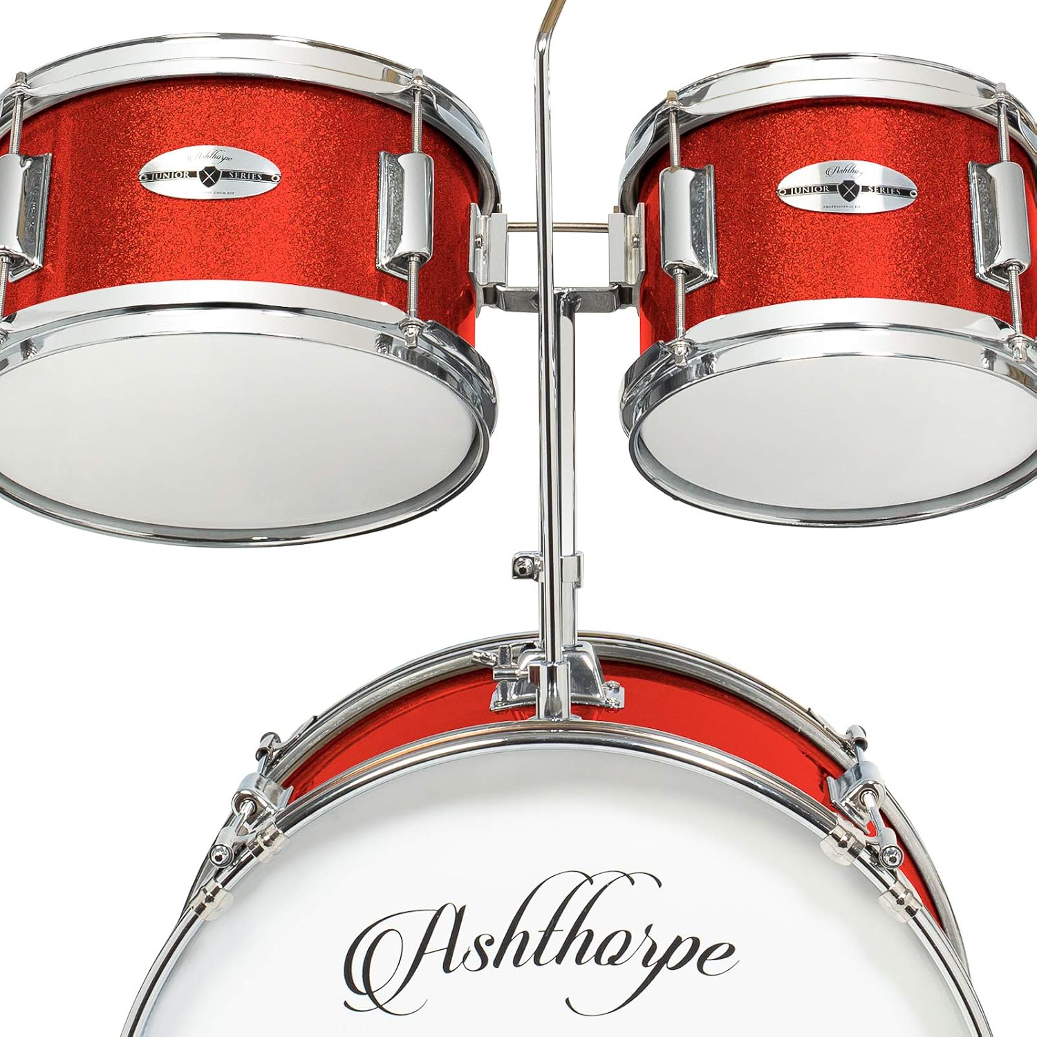 Ashthorpe 5-Piece Complete Junior Drum Set with Genuine Brass Cymbals - Advanced Beginner Kit with 16' Bass, Adjustable Throne, Cymbals, Hi-Hats, Pedals & Drumsticks - Red