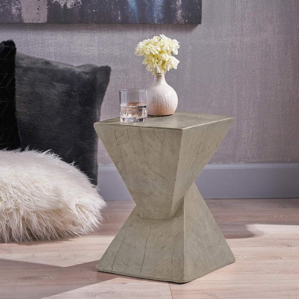 Christopher Knight Home Novi Outdoor Side Table, Geometric-Shaped Accent Side End Table, Garden Stool for Patio Balcony Beach Pool, Lightweight Concrete, Wood-Like Texture, Light Gray