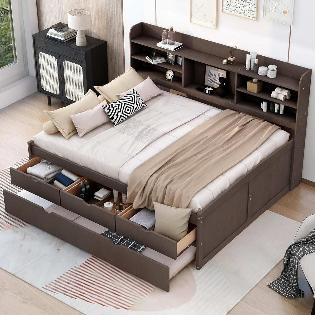 Full Size Corner Bed Frame with Storage Drawers and Trundle,Wooden Captain Bed Frame with Storage Bookshelves Headboard for Living Room Bedroom,No Box Spring Needed, Space Saving,Antique Gray