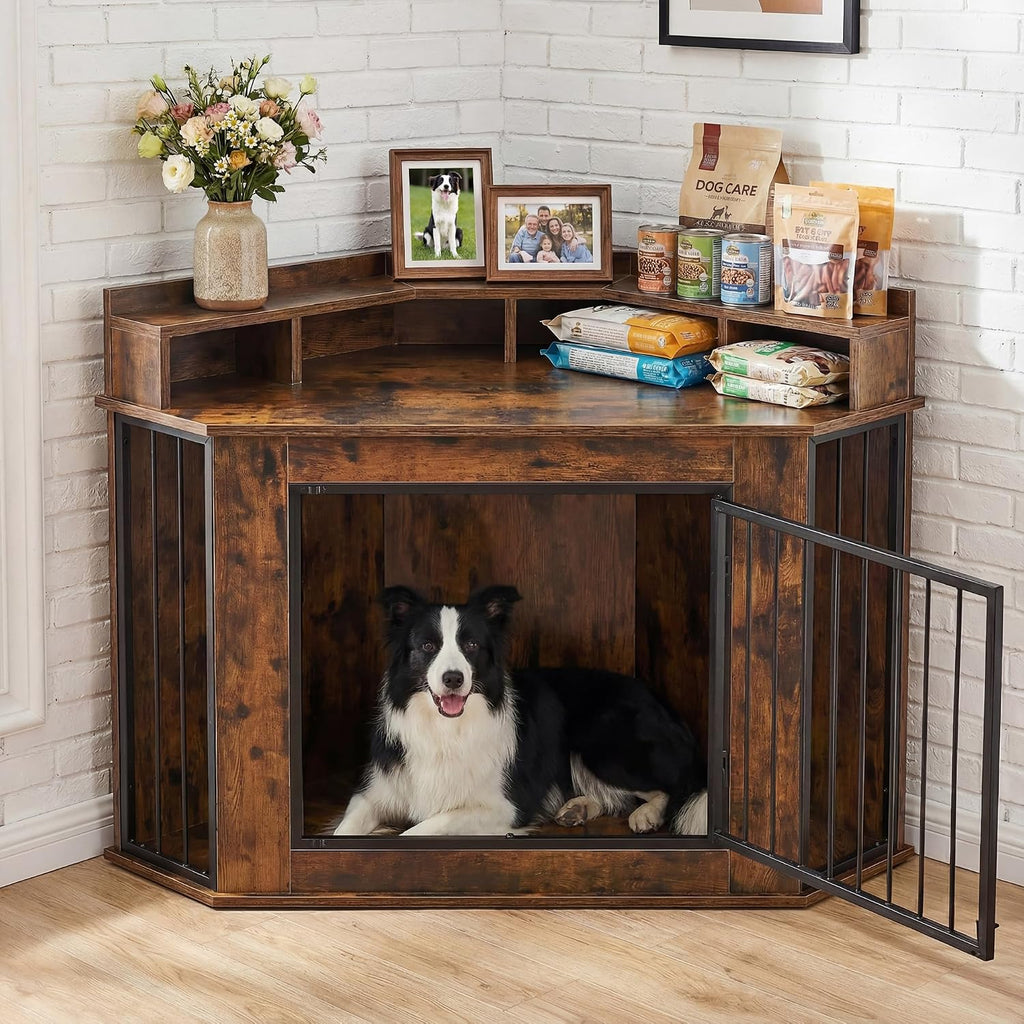 Corner Dog Crate Furniture for Small, Medium Dogs | Heavy Duty Wooden Kennel, 2-Tier Storage Shelves, Anti-Chew Design, Space-Saving, Indoor Use as TV Stand or End Table