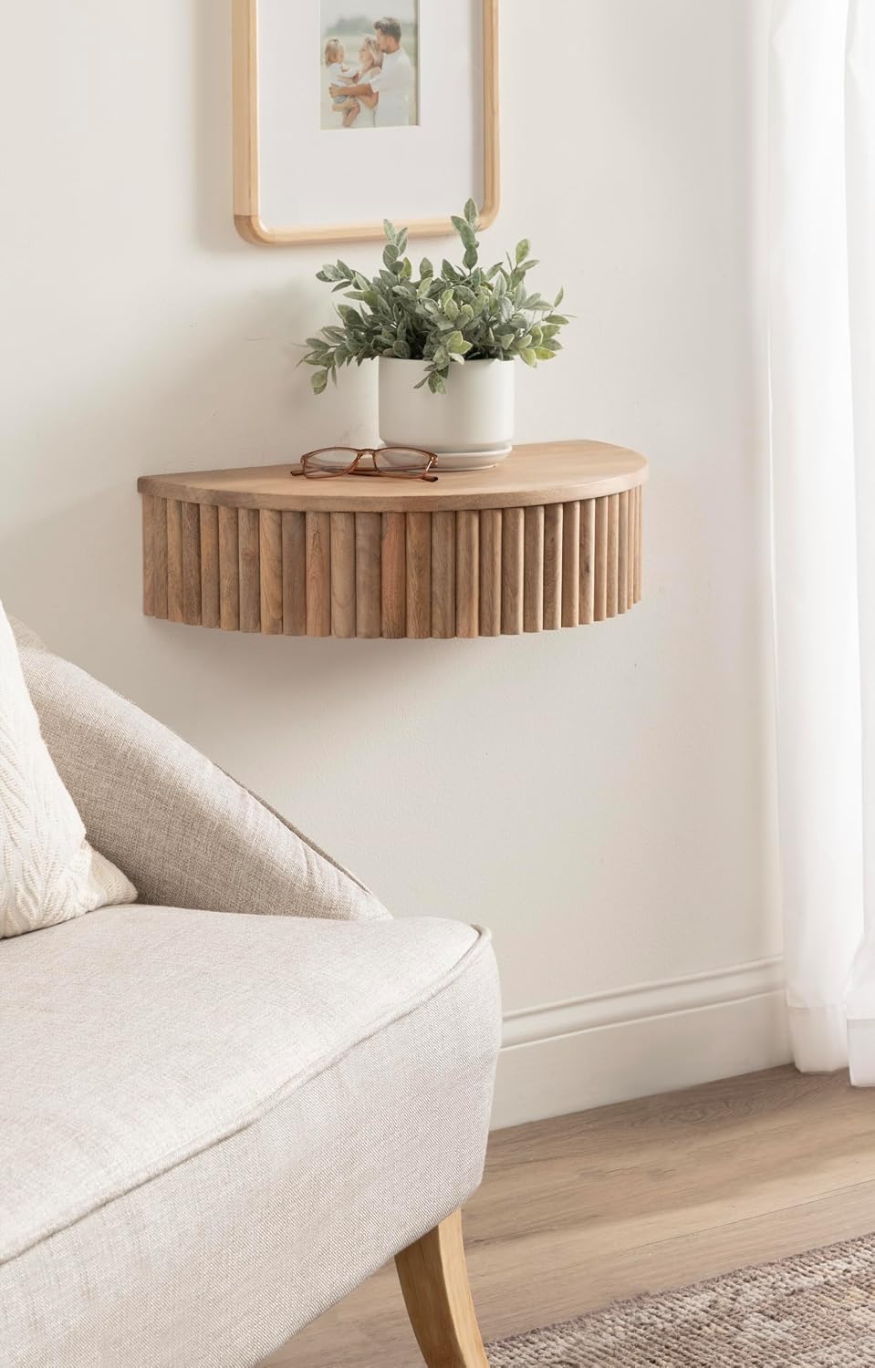 Kate and Laurel Reid Ribbed Wooden Floating Side Table, 20 x 11 x 6, Light Natural, Modern Mango Wood Floating Nightstand with Drawer for Bedroom Storage or Living Room End Table Option