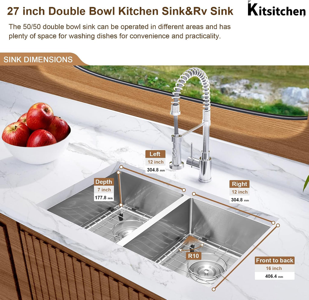 Kitsitchen RV Ktichen Sink,16 Gauge 304S Stainless Steel Undermount Kitchen Sink with Strainer & Bottom Gird, 27' x 16' x 7' Double Bowl Kitchen Sinks Used at RV, Outdoor,Bathroom and Trailer